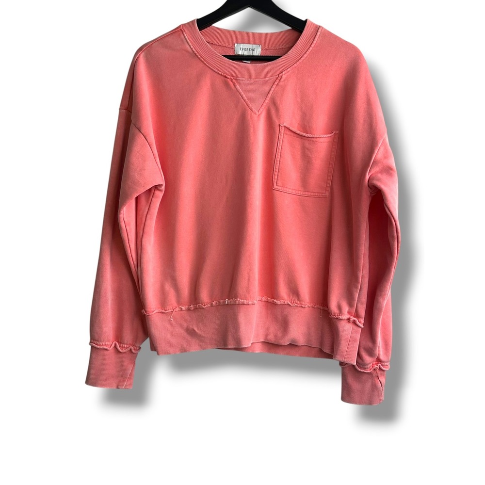 Evereve Womens Coral Pink Raw Edge Crewneck Sweatshirt Relaxed Fit Chest Pocket